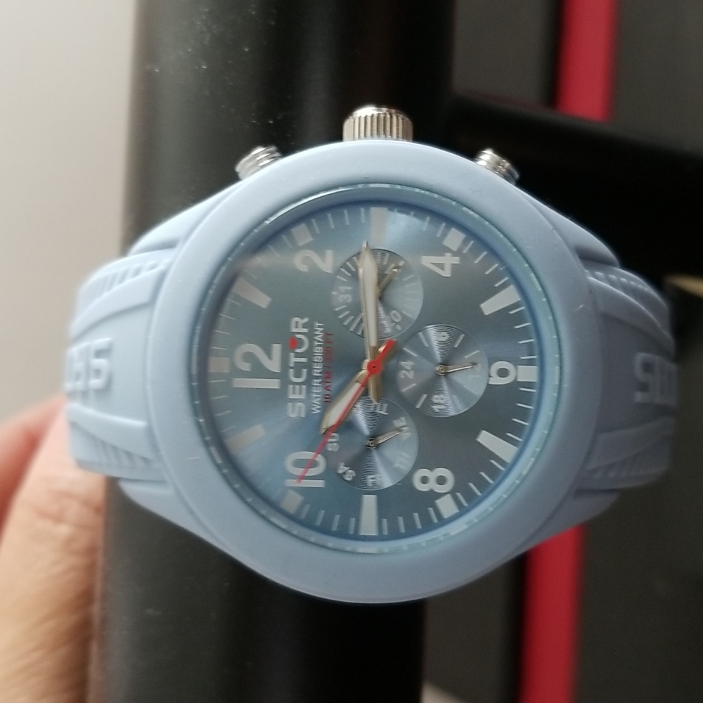 Sector men watch.  Blue rubber band. New with tag and original box.